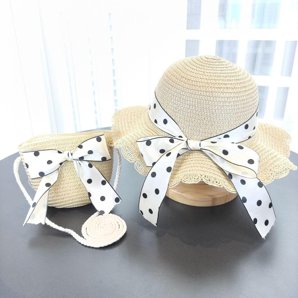 Girls' Korean Style Straw Beach Sun Hat with Sunscreen and Matching Bag