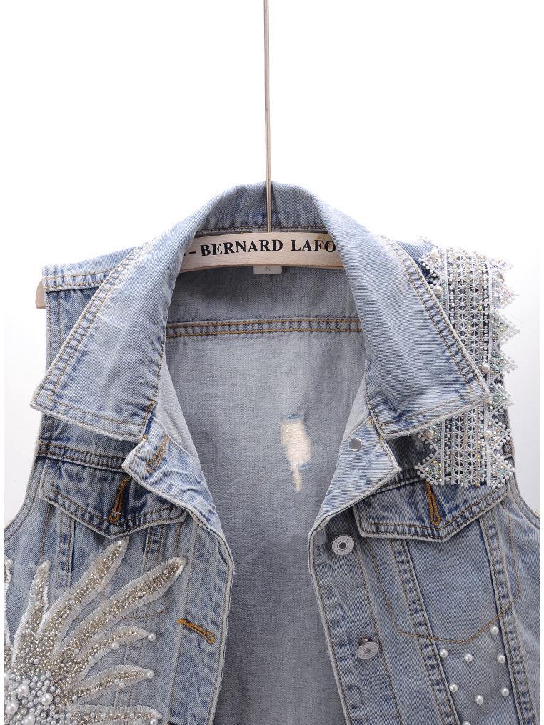 2023 Korean Lace Beaded Denim Sleeveless Vest for Women