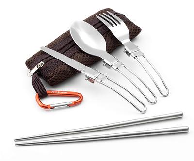 MAGNA Folding Single Cutlery Set with Mesh Storage and Carabiner Bag, Fork, Spoon, Knife, Chopsticks, (6-piece Set) (Brown)