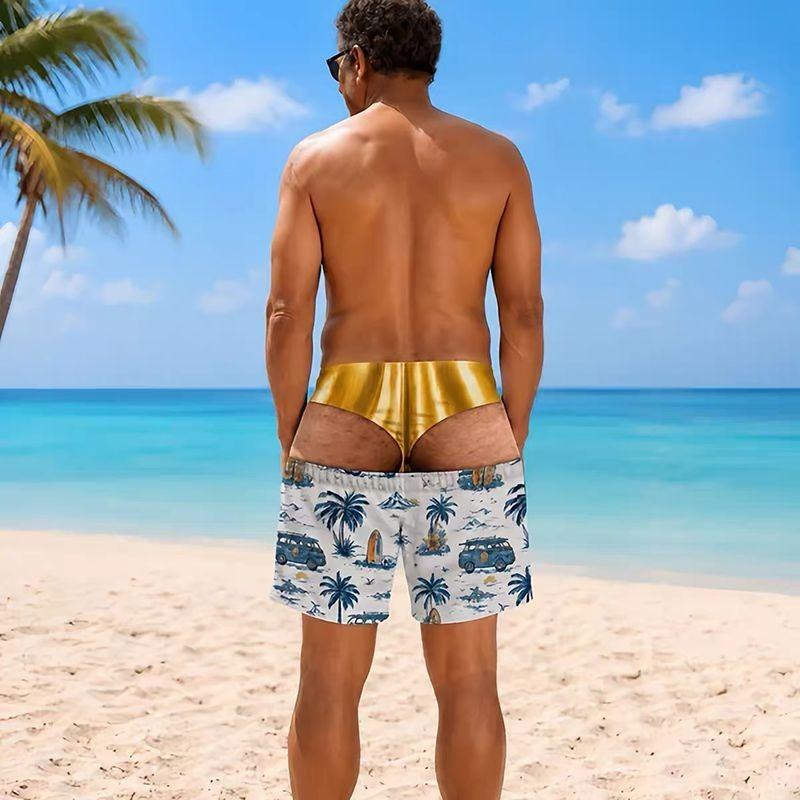 Men's Novel 3D Fake Hip Printed Swimming Pants with Fun Mischief Design Drawstring Summer Beach Surfboard Swimming Shorts