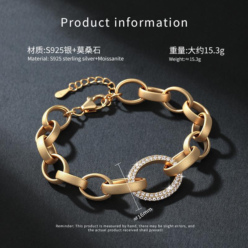 Punk Style Frosted S925 Sterling Silver 14k Gold Plated Paper Clip Ring Inlaid Moissanite Bracelet for Women's Birthday Gift