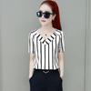 2025 Women's Striped V-Neck Short-Sleeve Slim Shirt - Korean Style, Plus Size, Loose Fit