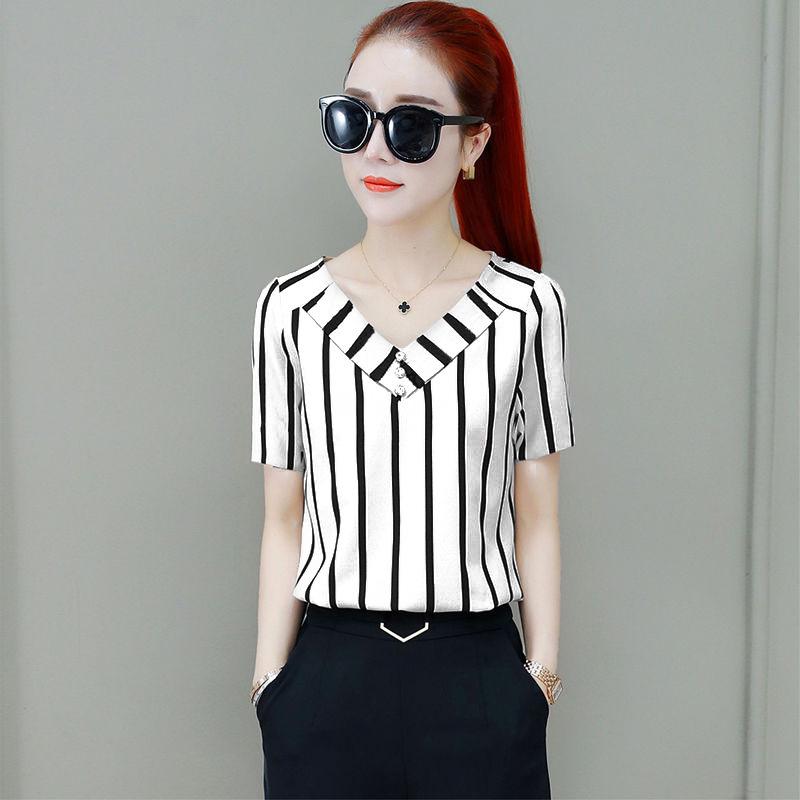 2025 Women's Striped V-Neck Short-Sleeve Slim Shirt - Korean Style, Plus Size, Loose Fit