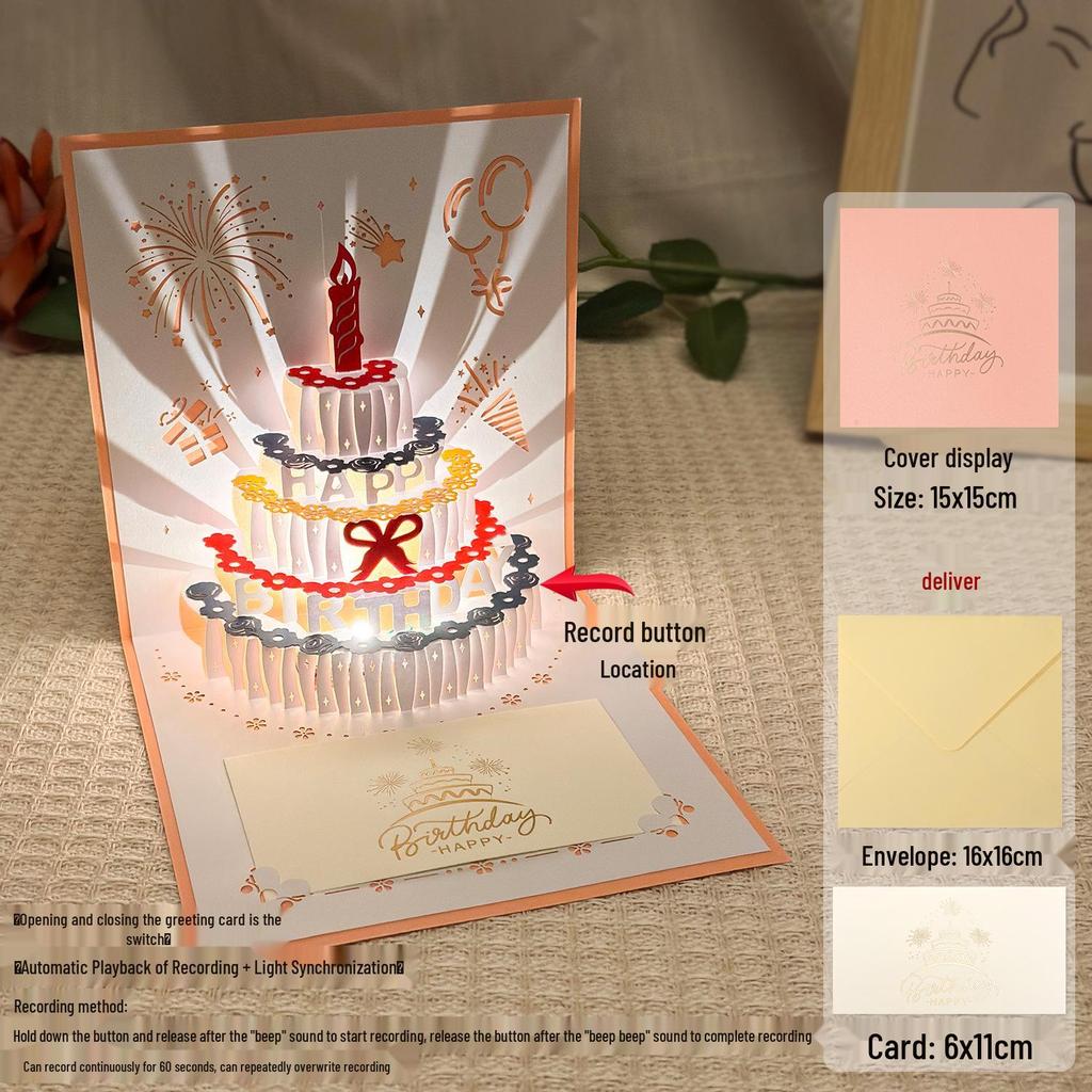 Dźwiękowa kartka urodzinowa 3D Pop-Up ze światłem do nagrywania - Wzór tortu na prezent dla chłopaka/dziewczyny