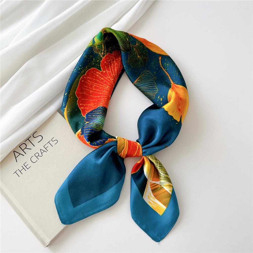 Luxury Silk Square Scarf Women Shawl Fashion French Flower Print Design Satin Hijab Wraps Neckerchief Female Hair Bands 70*70Cm