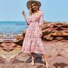 Summer Spring Floral Print Dress for Women Bohemia V-Neck A-Line High Waist Half Sleeve Mid-Calf Blue Pink Red Rose Sizes S M L XL