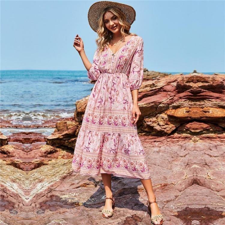 Summer Spring Floral Print Dress for Women Bohemia V-Neck A-Line High Waist Half Sleeve Mid-Calf Blue Pink Red Rose Sizes S M L XL
