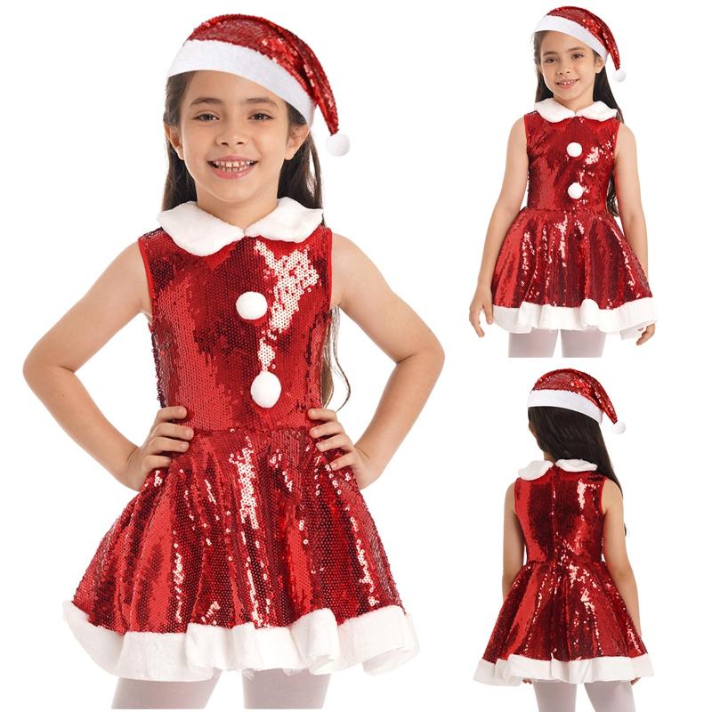 Kids Girls Christmas Santa Dance Costume Sleeveless Sequins Dress with Hat Theme Party