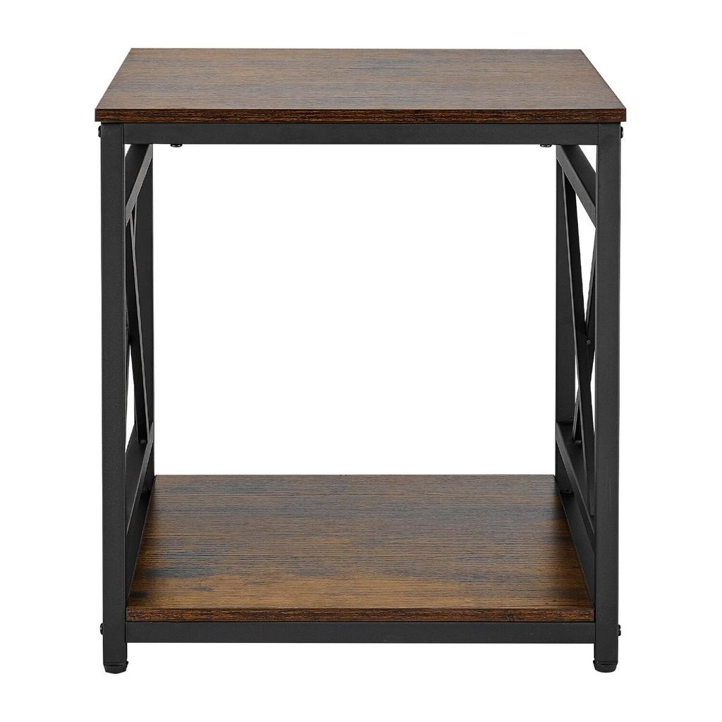 End Table, 2-Tier Square Side Table with Open Storage Shelves, Modern Nightstand Bedside Desk with X-Design Metal Frame, Wood Sofa Coffee Desk for