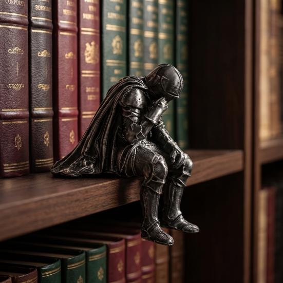 Medieval Knight Statue 3D Printed Statue, Meditating Figurine with Armor Cloak, Meditative Warrior Vintage Gothic Desktop Art Ornament for Bookshelf