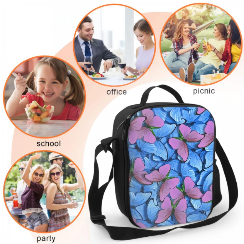 Blue And Pink Butterfly Morpho Insulated Lunch Bag for School Work Picnic Colorful Animal Tote Lunch Box Reusable Cooler Bag