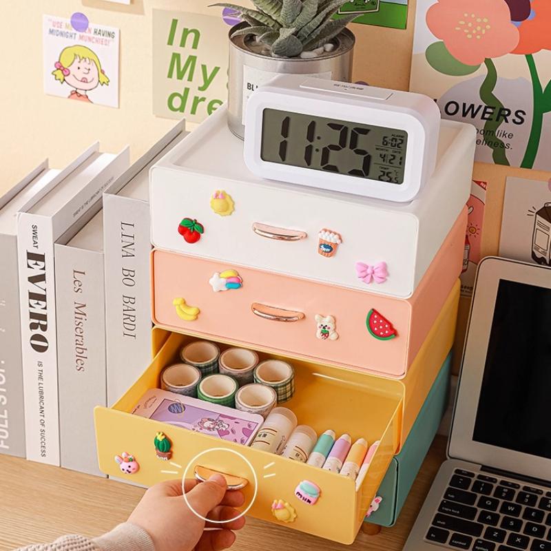 PGY Desktop Storage Box Organizer Super Cute Student School Desk Drawer Stationery Pencil Pen Holder Storage Box Large Kawaii