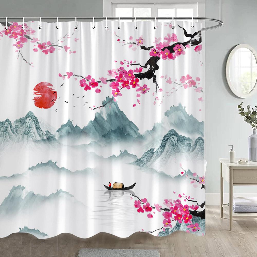 Asian Shower Curtain Traditional Chinese Pine Trees and Crane Flying Landscape Art Fabric Bathroom Decor Bath Curtains Set Hooks
