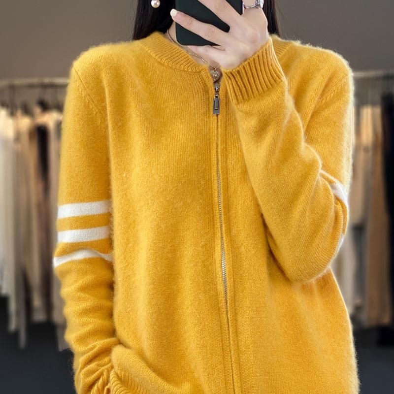 Women's Wool Round Neck Cardigan Spring and Autumn Casual Loose Zipper Knitted Color Block Long-sleeved Wool Jacket Top