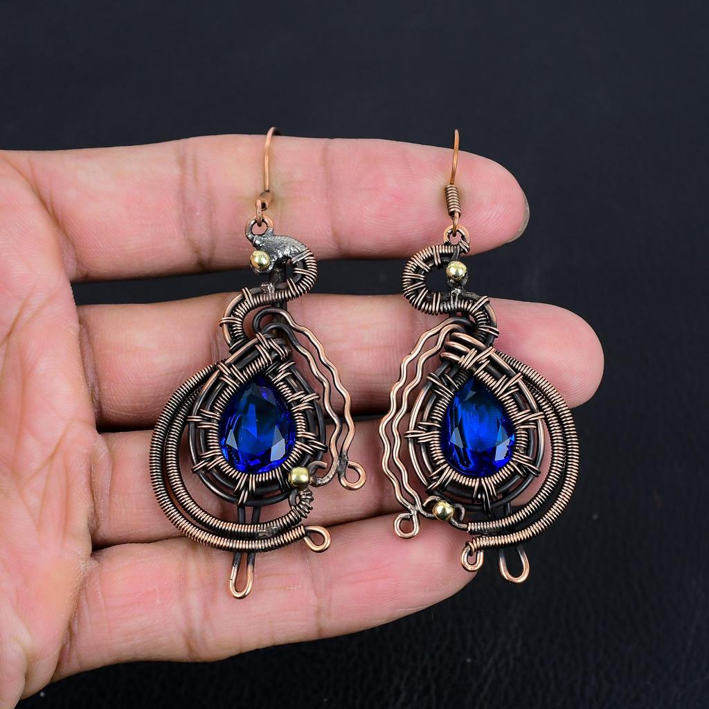 London Blue Topas 999 Kupferdraht umwickelte Ohrringe, Handgefertigter Edelstein-Ohrschmuck, Geschenke für Ehefrau Brandneue Ohrringe