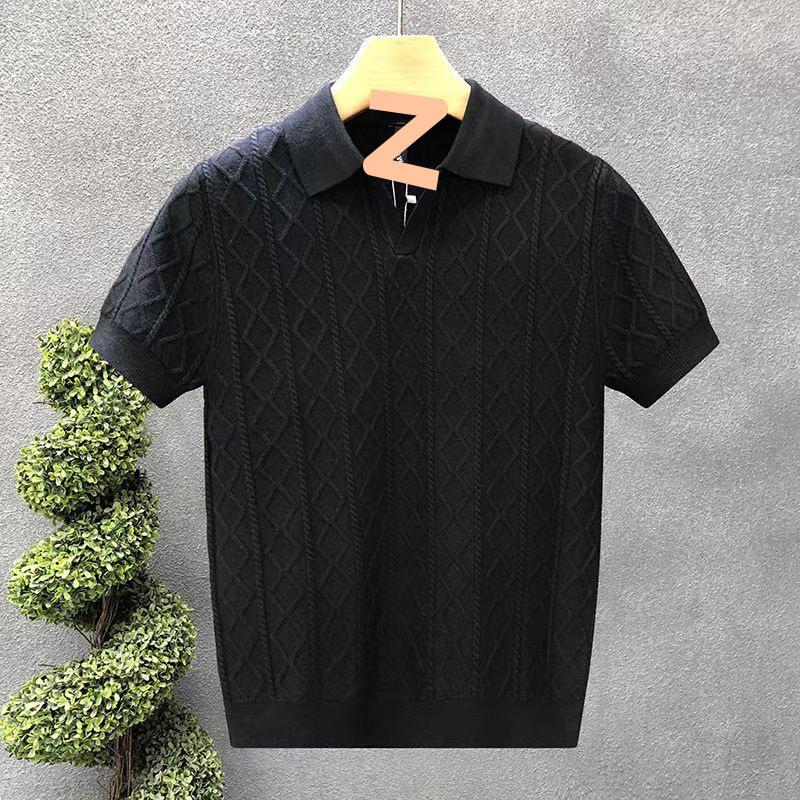 Light Luxury Rhombus Jacquard Short-Sleeved Polo Shirt Men'S Business High-End Slim-Fitting Lapel-Neck Knitted T-Shirt