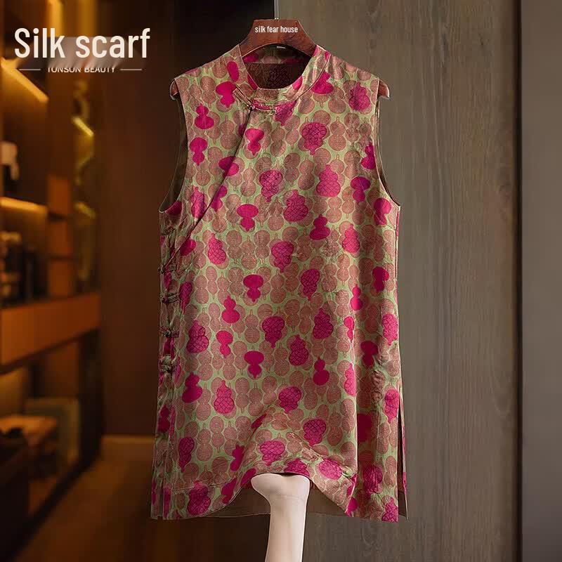 Women s New Chinese Style Sleeveless Retro Print Slit Dress L