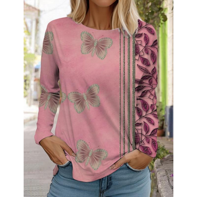 Women's 3d printed flower T-shirt fashion long-sleeved round neck regular tops holiday weekend blue spring and autumn wear
