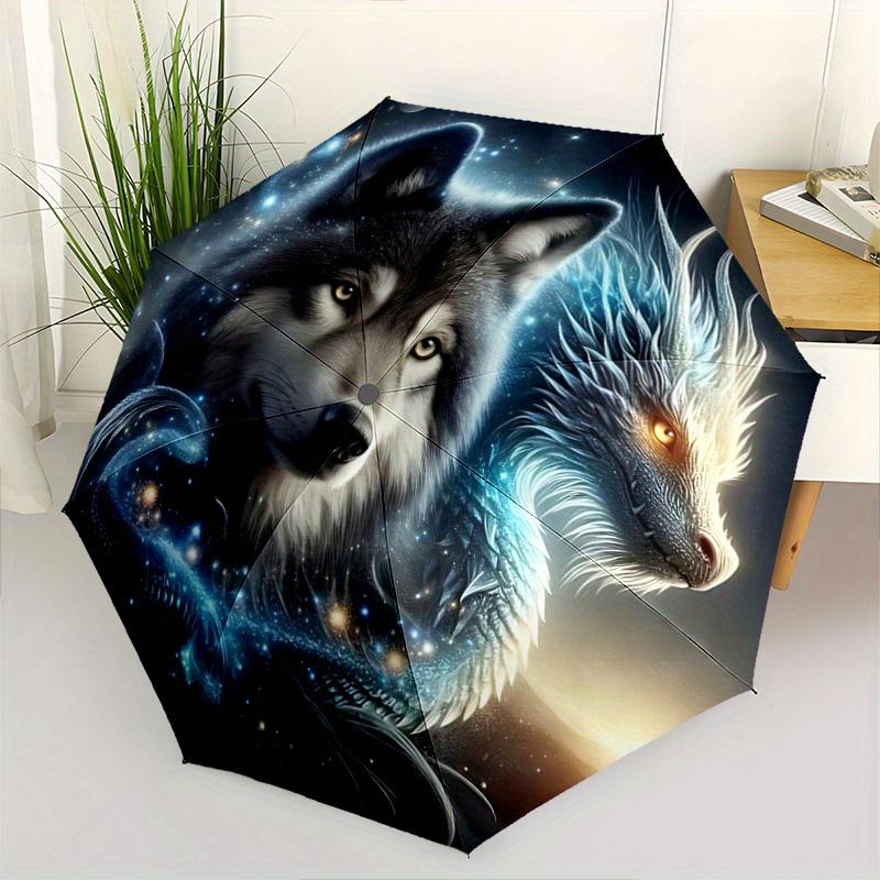 1pc Galactic Wolf Dragon Durable Cartoon Folding Umbrella,Compact Umbrella for Men and Women, Suitable for Travel or Daily Use.C017
