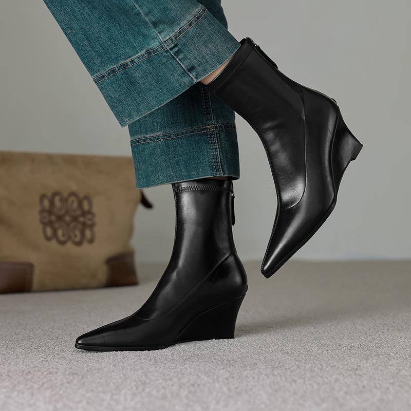 Fashion 2025 New Autumn Women Boots Pointed Toe Wedges Modern Boots Microfiber Women Shoes Short Boots High Heels Stretch Shoes