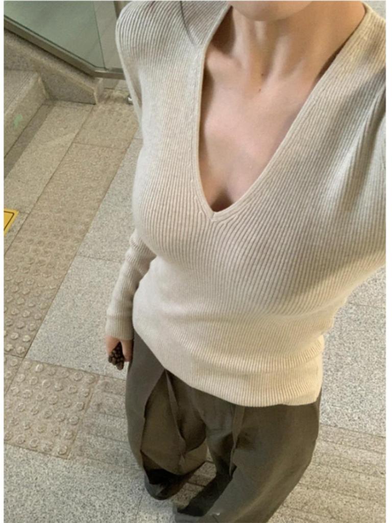 Women's Solid V-Neck Knitted Sweater: New Autumn/Winter Style, Slim Fit, Versatile Long-Sleeve Top