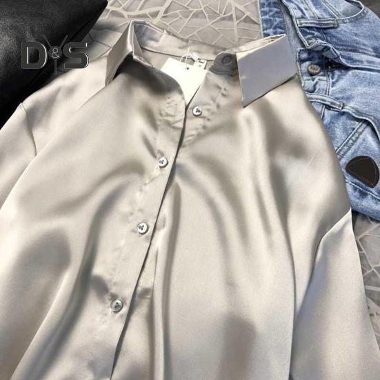 Damen-Hemd mit Revers, langärmelig, Pendler-Freizeithemd, einfarbig, lockere Passform, glattes Satin, Bürohemd für den Alltag