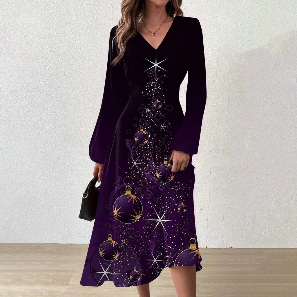 Women's Autumn And Winter Casual Fashion V-neck Long Sleeve Christmas Tree Print Long Dress