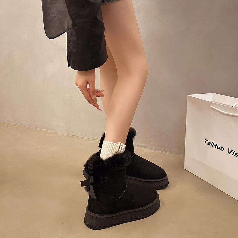 2025 Winter Thick-Soled Fleece-Lined Slip-On Snow Boots with Bow Detail - Warm Plus Size
