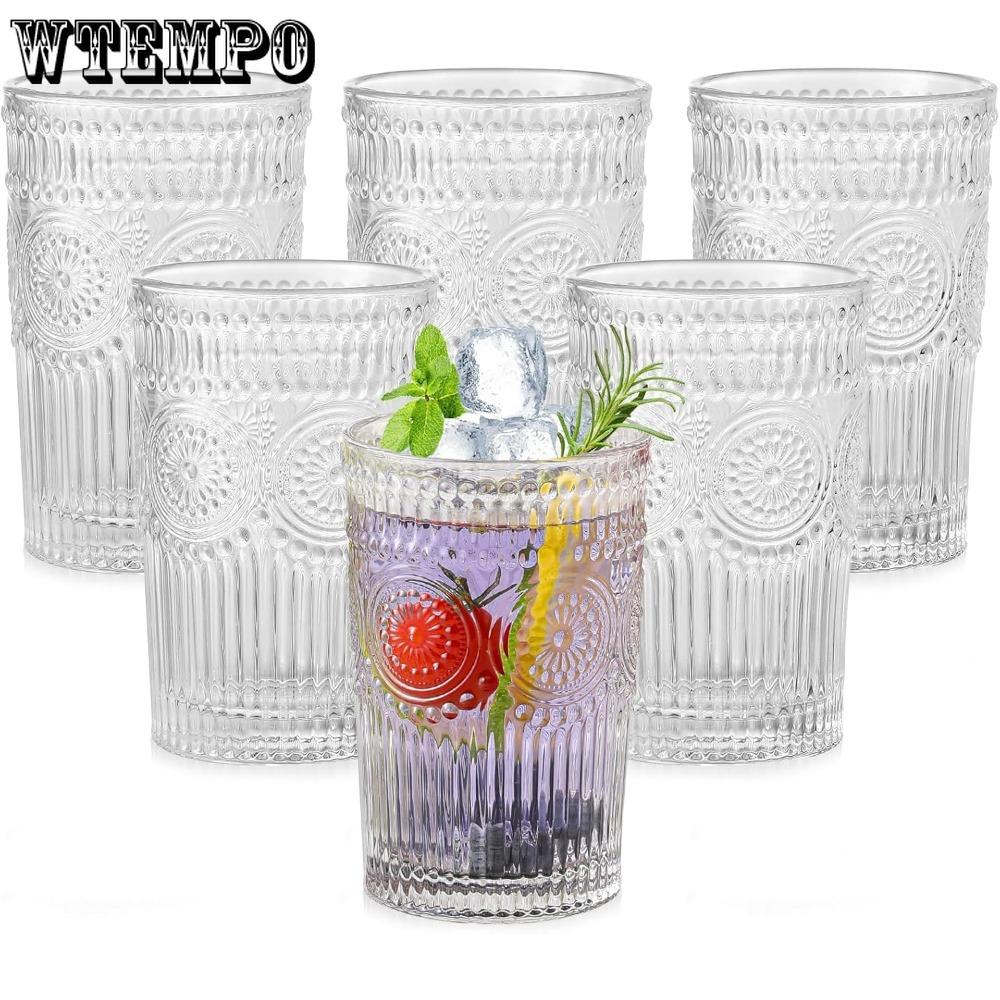 6 Pezzi Bicchieri Vintage in Vetro Bicchieri da Bevanda Trasparenti con Motivo Floreale Texturizzato Bicchieri Acqua in Vetro Bicchieri da Bevanda a Strisce in Rilievo