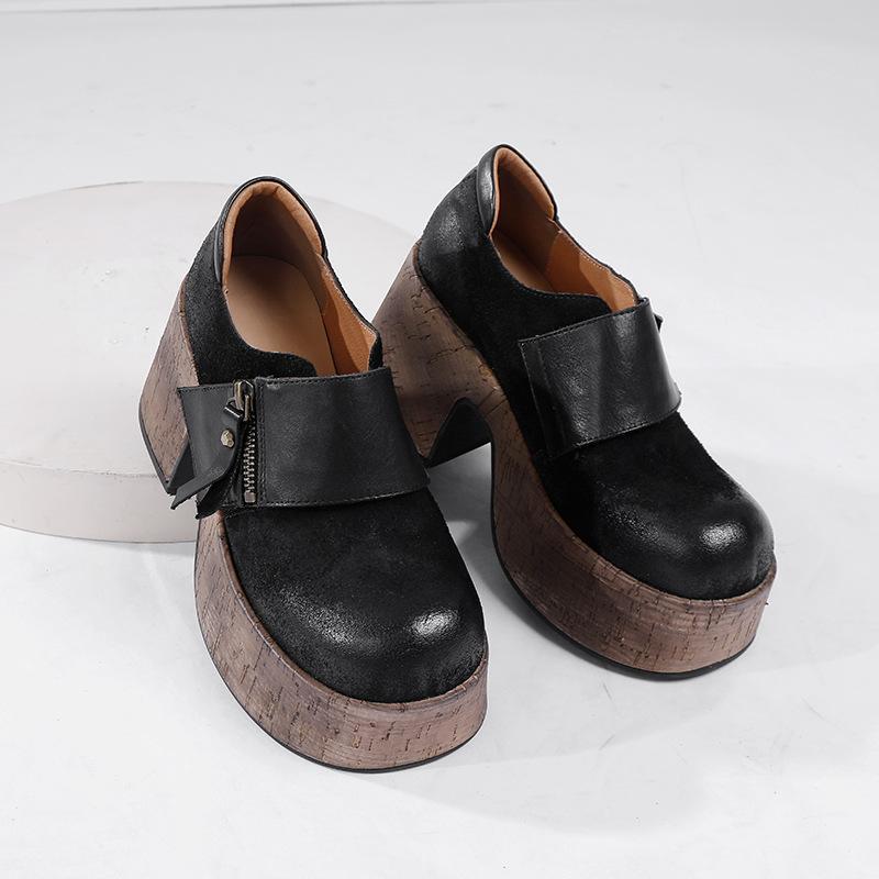 Mode GKTINOO 2024 Automne Nouveauté Rétro Cuir Véritable Talons Épais Escarpins Bout Rond Polyvalent Mode Chaussures à Plateforme pour Femmes