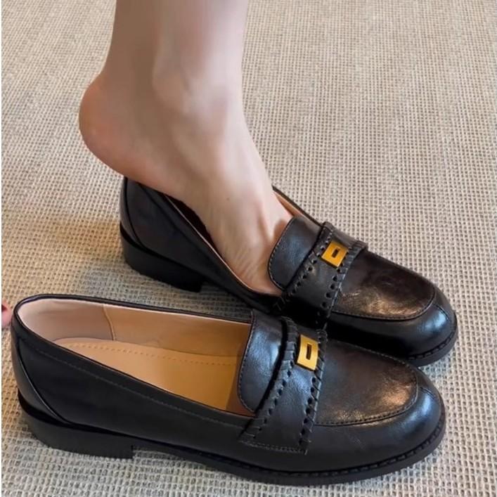 Cowhide Version~ British Style Retro Loafers Metal Buckle One Pedal Round Head Small Leather Shoes Women's Versatile Low-heeled Single Shoes
