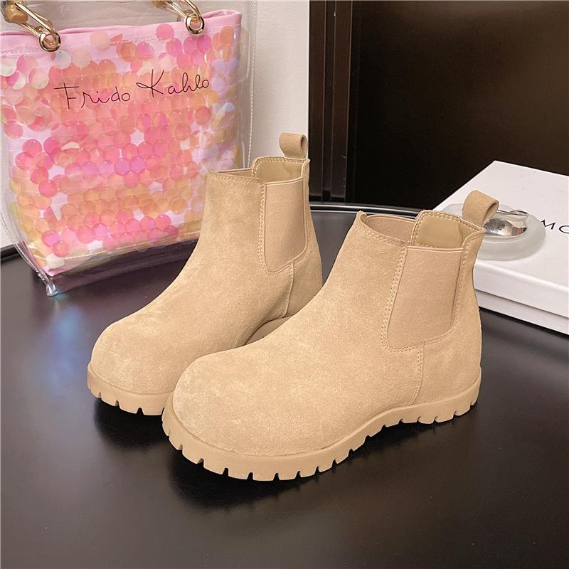 Coarse Heel Short Boots Women's Spring Frosted Leather Chimney Children's New Heightening Chelsea Boots Retro Inner Thick-soled Martin Boots