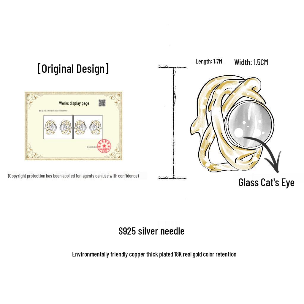 Thorns 18k Gold Geometric Cat's Eye Stone Stud Earrings - Elegant, Luxurious Style for Women