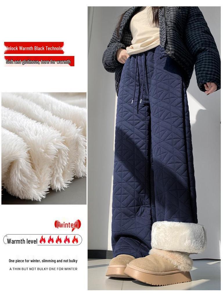 Women's Diamond Quilted Wide-Leg Winter Pants, Velvet Lined, Warm Cotton, Floor-Length, Two-Way Wear, Northeast Style.
