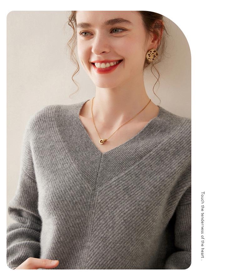Women's V-neck Pure Cashmere Ribbed Stitch Loose Sweater - Autumn/Winter Thick, Skin-friendly Base Layer