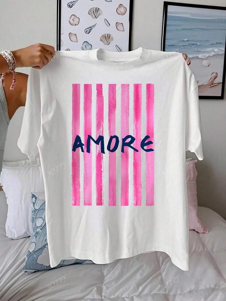 AMORE Striped Art Pattern Summer Outfits Unisex Casual Round Neck Short Sleeve TShirt Tops Beach Surf Tshirt