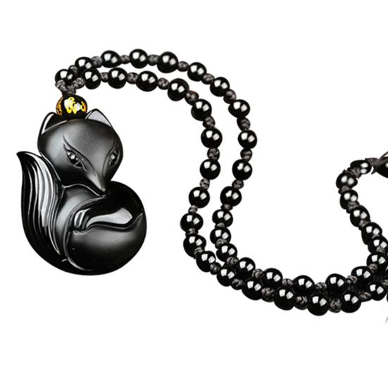 Obsidian Carving Fox Amulet Pendant Bead Chain Necklace Unisex Jewelry Gift