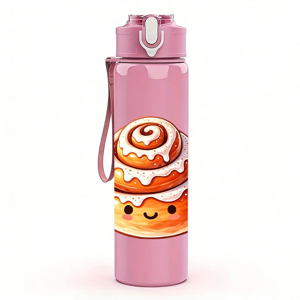 1PC Cinnamon Roll Cartoon Pattern 750ml Color Plastic Sports Water Bottle Leakproof Flip Straw Lid Suitable for Sports Office Home Use