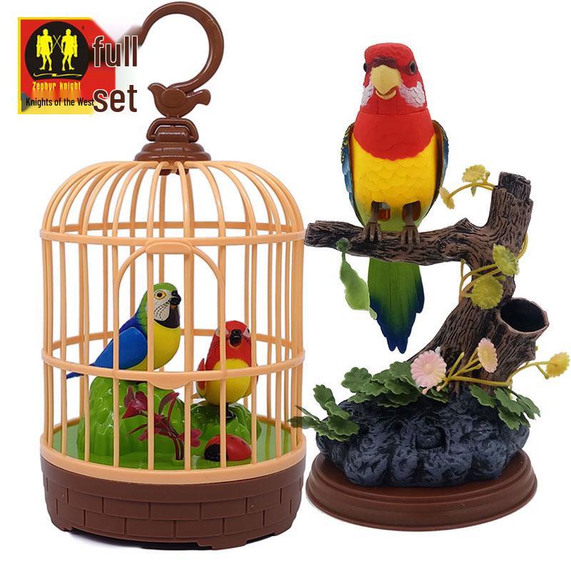 West Knight Voice-Activated Simulated Birdcage with Double Parrots and Lovebirds