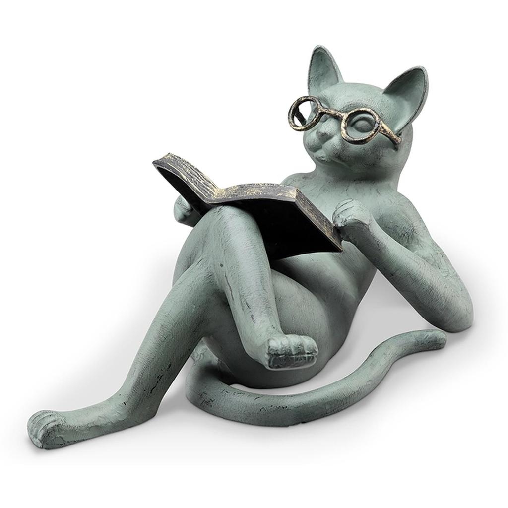Resin Cat Sculpture: Glasses-Wearing Literary Cat Reading Book – Outdoor Garden Ornament