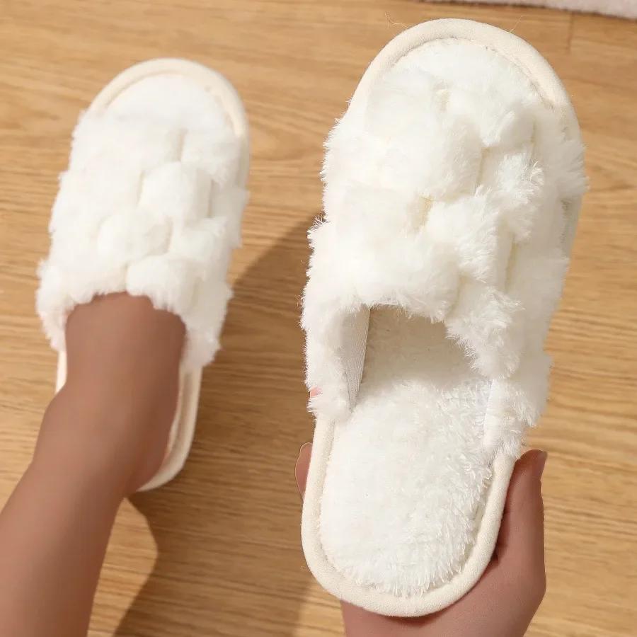 Fashion Women Fashion Fur Slippers Fluffy Warm Plush Slippers Woman Flat Non Slip Indoor Slides Open Toe Warm Non-slip Cotton Slippers