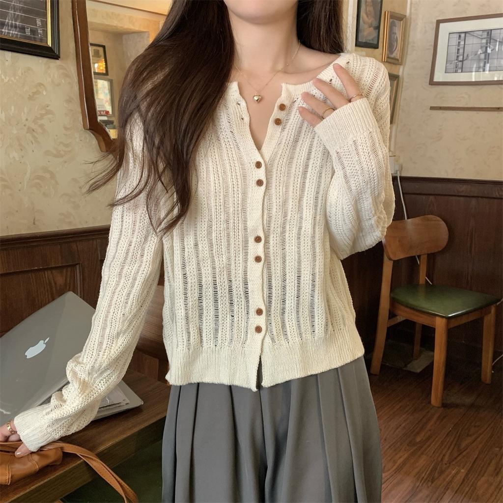 Women Designer Spring Fall Cardigan Slit Button Detail Knit Top Long Sleeve Sun Protection Shirt