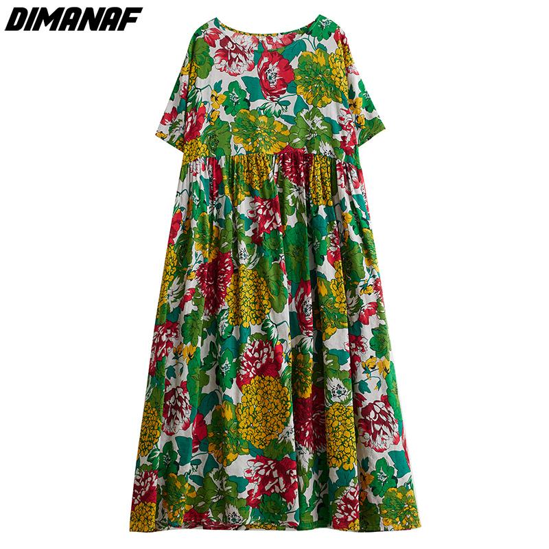 DIMANAF 2024 Übergröße Sommer Langes Kleid Strand Damen V-Ausschnitt Blumendruck Urlaub Lässig Weiche Baumwolle Lockere Maxikleider