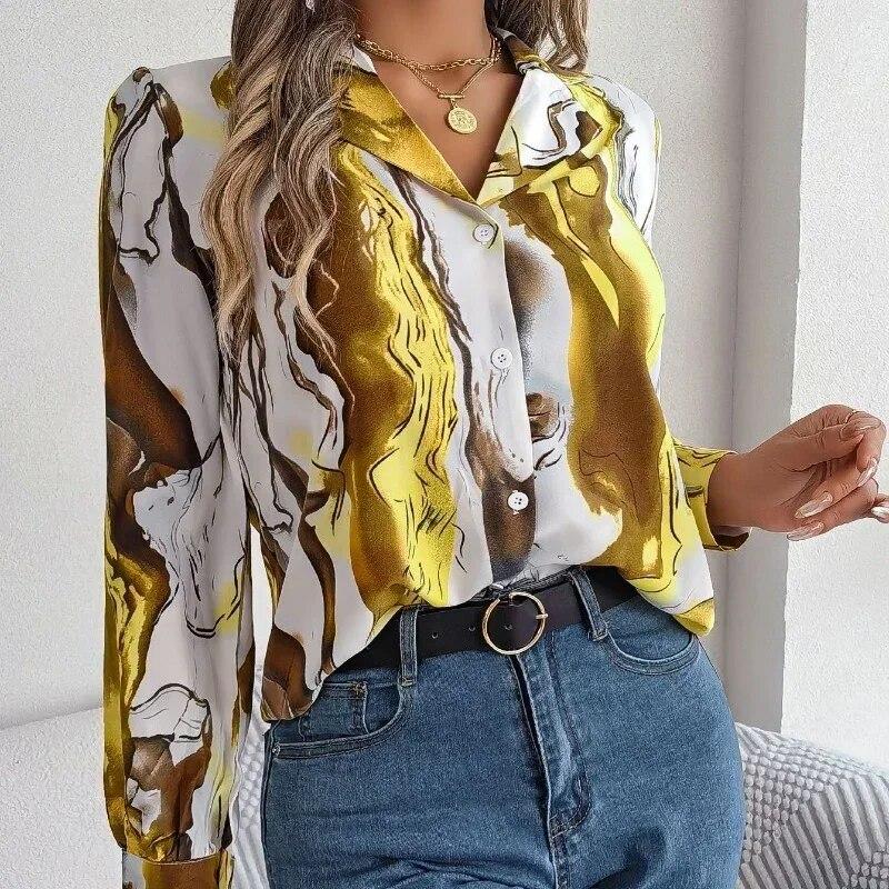 

Офисная женская повседневная модная блузка с контрастным цветным принтом, женские топы с длинными рукавами, осенне-зимняя элегантная рубашка с надрезом, одежда 28621 XL жёлтый