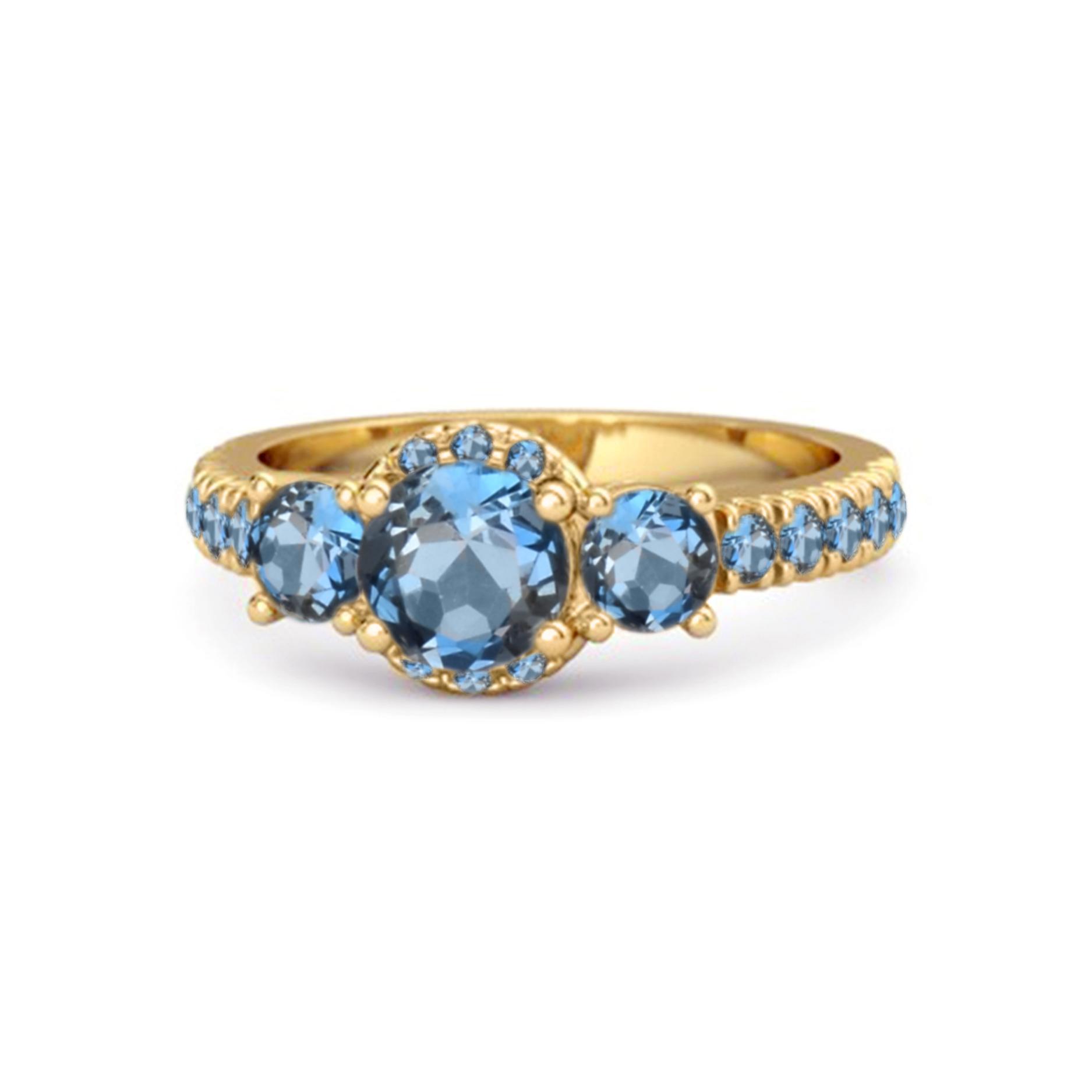 

London Blue Topaz Three- 925Stone Halo Pave Band Ring - 925 Sterling Silver Gold Vermeil 8.5 жовтий