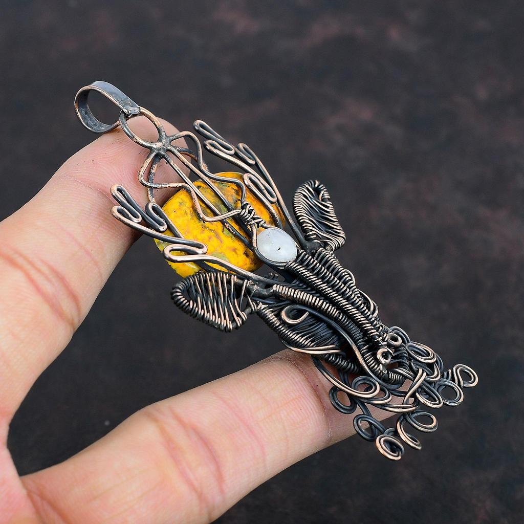 Bumble Bee Jasper Pendant Copper Wire Wrapped Rainbow Moonstone Pendant Deer Face Jewelry Handmade Dainty Pendant Gemstone Pendant For Gifts