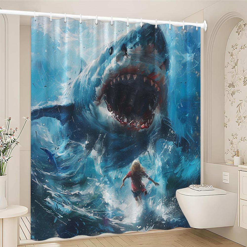 Tenda Doccia Attacco di Squalo Squalo Bianco Arte Scena Sottomarina Poliestere Tenda Bagno Con Ganci Per Decorazione Oceano Horror