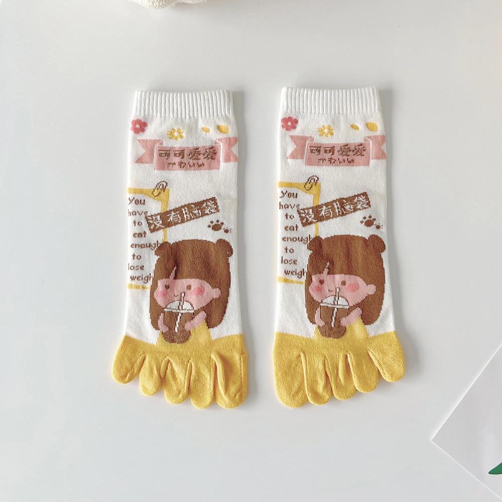 Cotton Five Fingers Women Socks Cartoon Medium Tube Socks Kawaii Split Toe Socks  For Yoga Sports