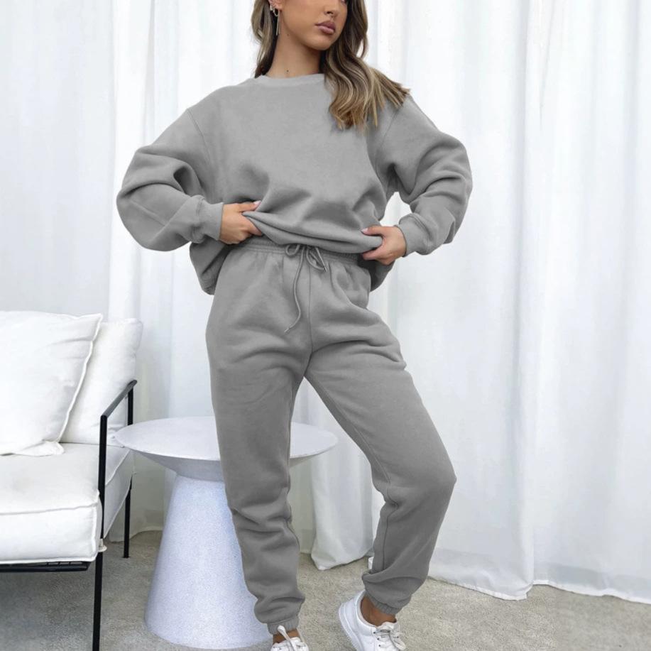 Europe, America, autumn and winter solid color round neck pullover trousers women's clothing, fashionable casual long-sleeved sweater set, spot