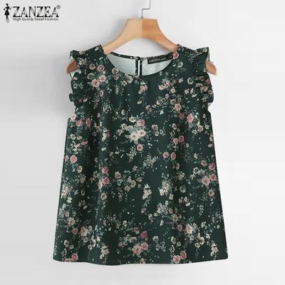 Canottiere da donna casual a girocollo con stampa floreale senza maniche